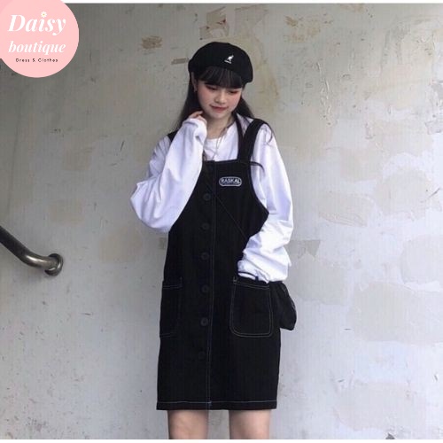 Yếm Váy Nữ Logo Chỉ Nổi Màu Đen, Váy Yếm Có Size Cho Người Bigsize, Chất Liệu Thái Chéo, Daisy SP000301