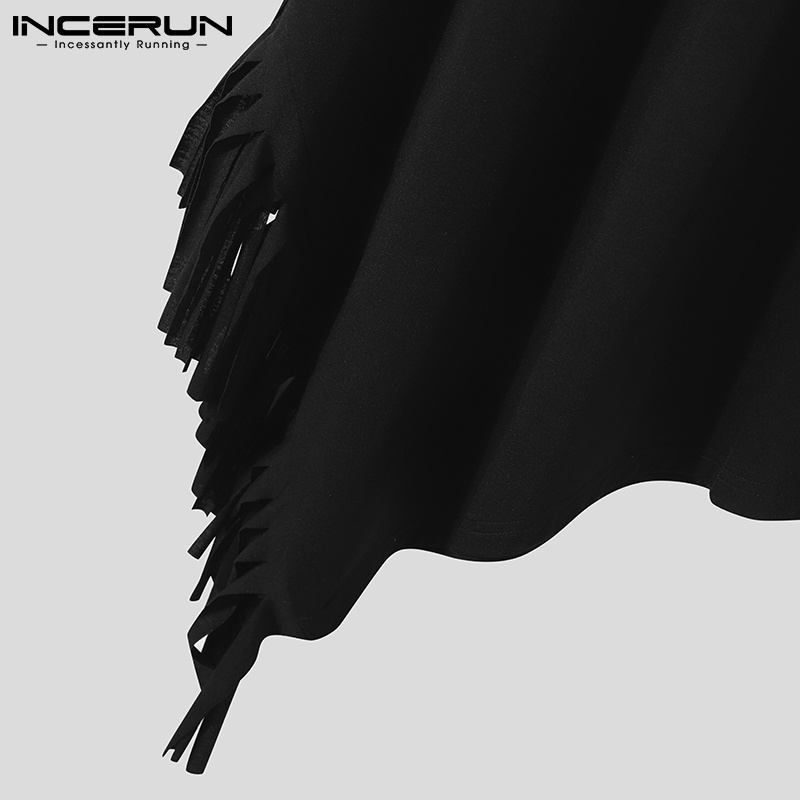 Áo thun kiểu INCERUN tay cánh dơi phối tua rua màu đen thời trang cá tính dành cho nam