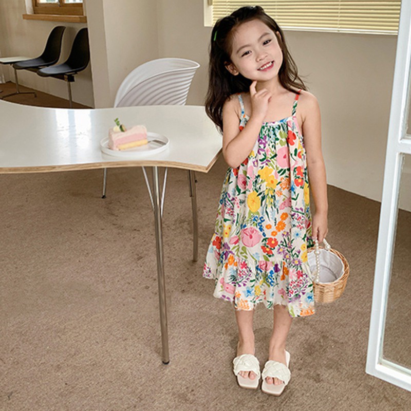 Đầm Công Chúa Hai Dây Họa Tiết Hoa Thời Trang Mùa Hè Cho Bé Gái