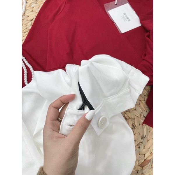 Áo croptopÁo croptop tay dài màu đỏ kèm quần dài trắng