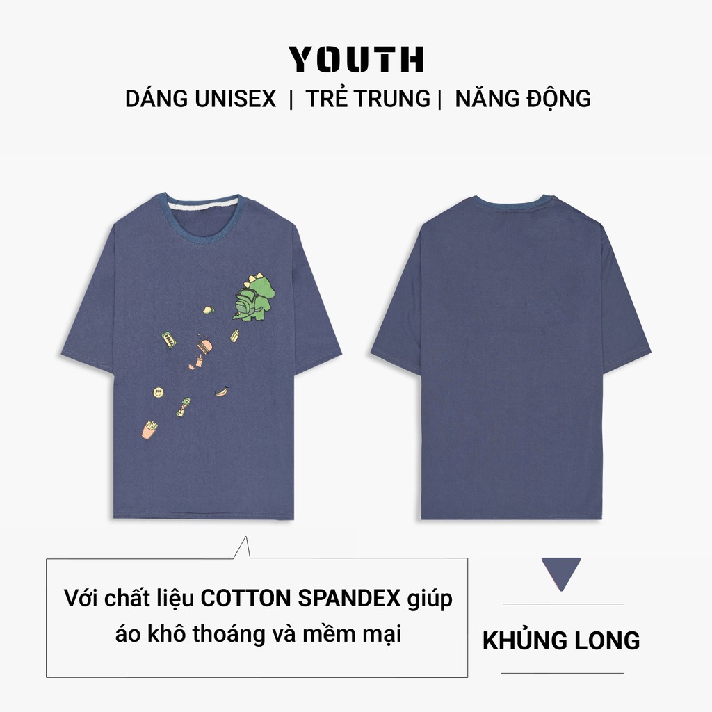 Áo thun nam nữ unisex YOUTH form rộng cổ tròn tay lỡ vải Cotton xịn FreeSize(38-65Kg) - Khủng Long - AP18