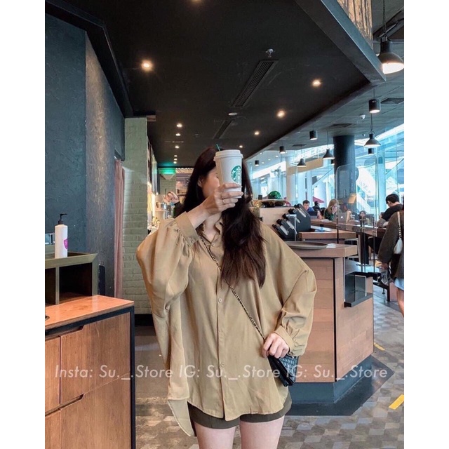 Áo sơ kiểu kiểu nữ Anhribi, Áo sơ mi lụa cổ đức tay bồng dáng dài cách điệu phong cách đơn giản