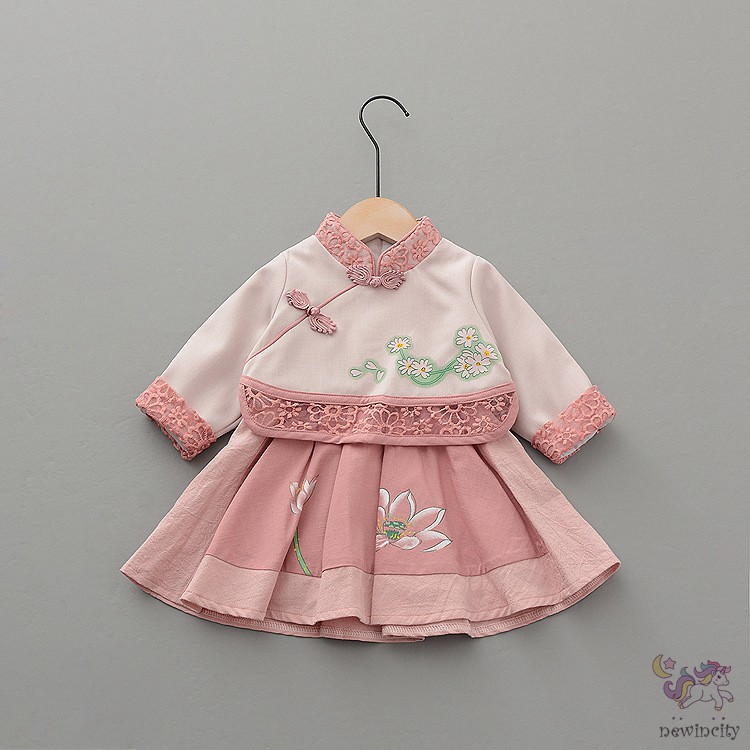 Đầm Nhung Phối Ren Phong Cách Trung Hoa Xinh Xắn Cho Bé Gái