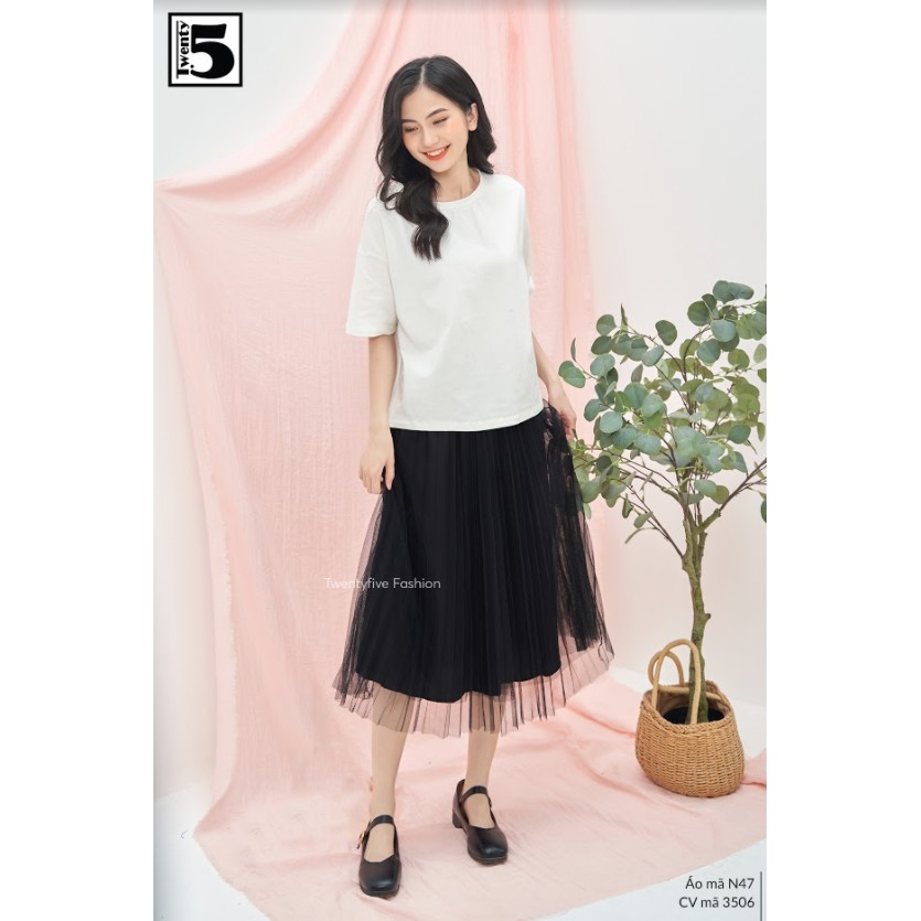 Áo thun nữ kẻ ngang dáng rộng tay lửng chất cotton dày mịn Twentyfive N47