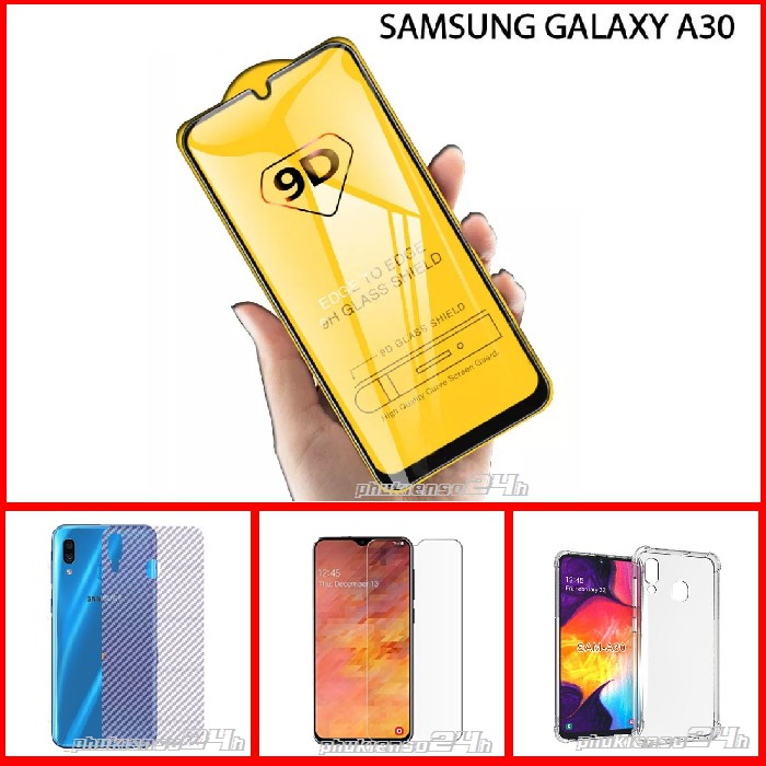 Samsung galaxy A30 | Combo 4 món gồm 1 cường lực 9D + 1 dán lưng carbon + 1 kính trong suốt + 1 ốp dẻo chống sốc 4 cạnh