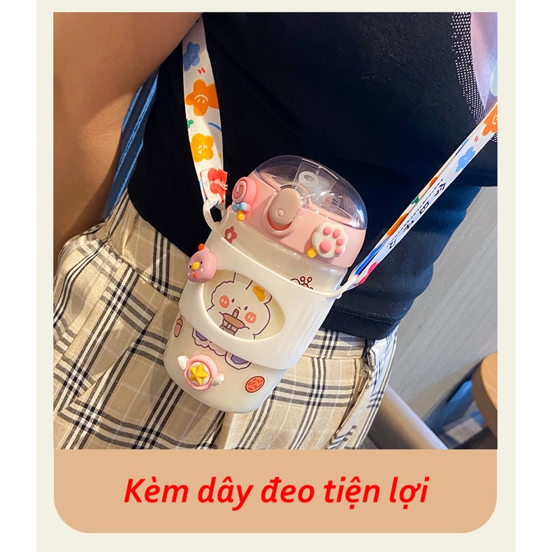 Bình nước cute có ống hút 380ml bình nước trẻ em đi học đi chơi có dây đeo tặng kèm sticker B4