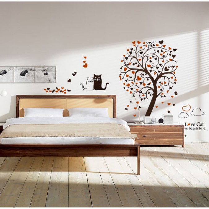 Decal trang trí tường Cây Trái Tim và Cặp Mèo đáng yêu Love Cat