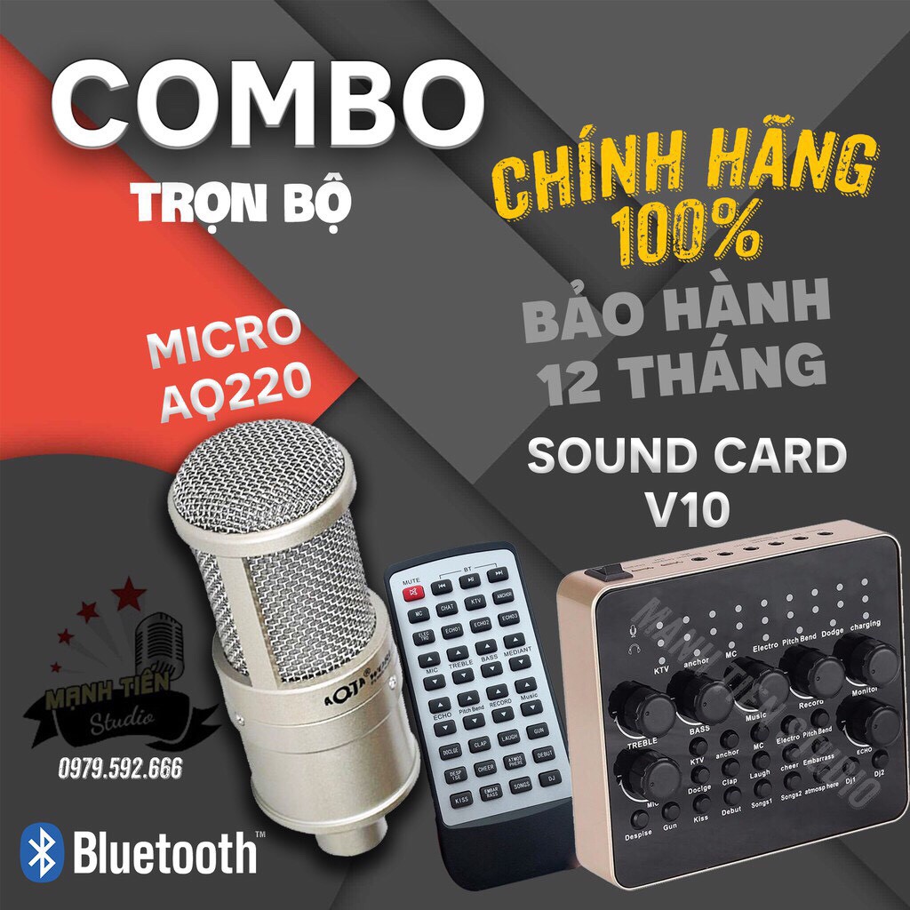 [Mẫu Mới Nhất] Trọn bộ thu âm soundcard V10 + Micro AQTA220-  livestream bán hàng, hát karaoke gia đình