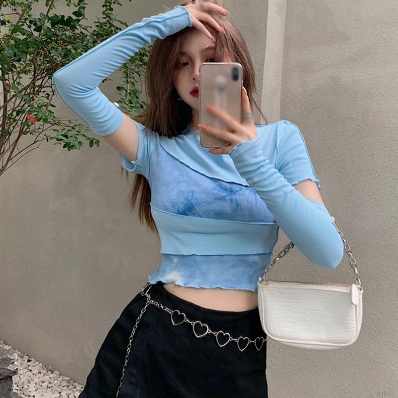Áo croptop tay dài thiết kế dây đan chéo phong cách Hàn Quốc quyến rũ