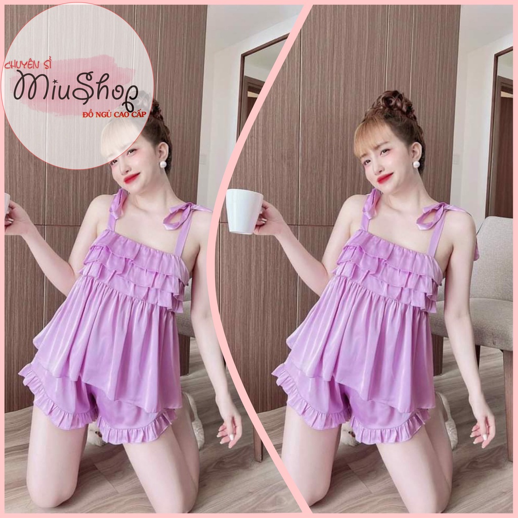 🎀🎀Đồ ngủ nữ cột dây🎀🎀Sét đồ ngủ lụa satin họa tiết 2 dây cao cấp