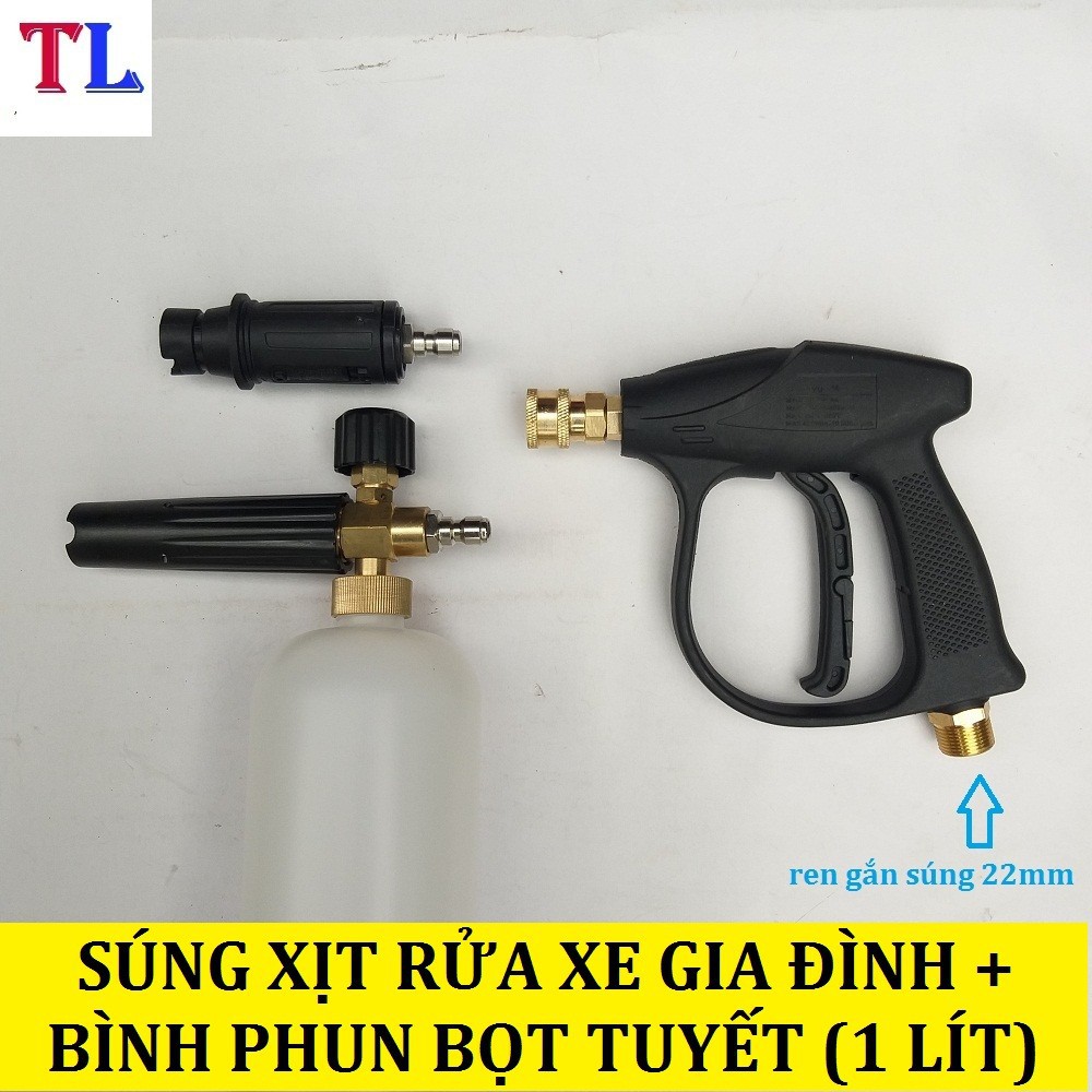 Bình Phun Bọt Tuyết+Súng Xịt Rửa Xe Cho Máy Rửa Xe (súng ren 22mm + bình bọt tuyết 1 lít )