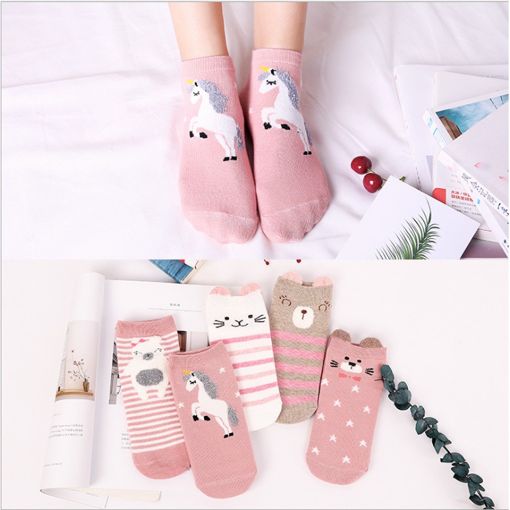 Tất nữ cổ ngắn, vớ cổ ngắn nữ vải cotton co giãn họa tiết hình thú thời trang Hàn Quốc 5 đôi TC14 - VHT SHOP
