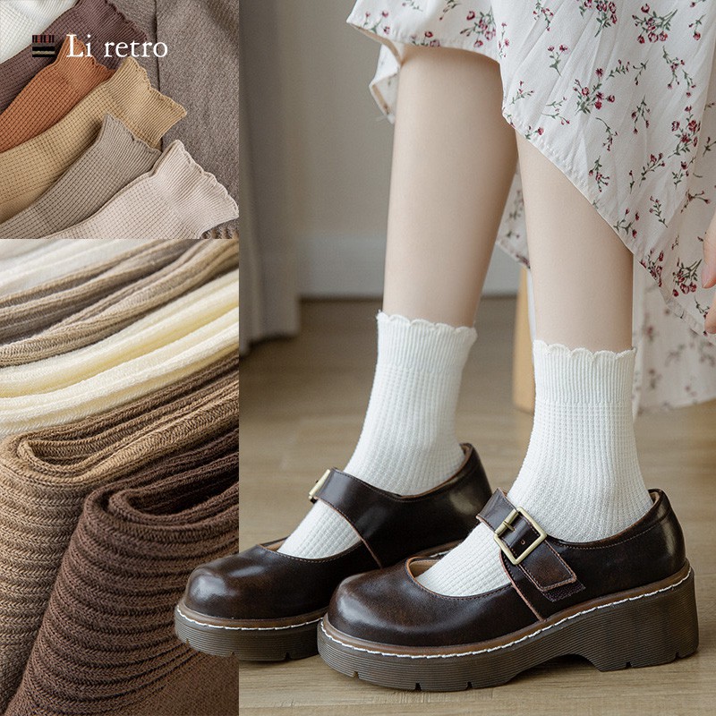Tất vớ cotton cổ bèo vintage - Tất cotton thấm hút mồ hôi và kháng khuẩn - Tất vớ Li retro