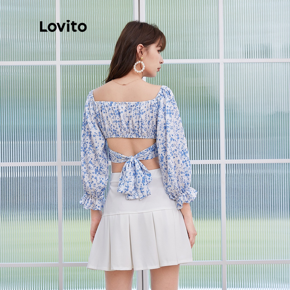 Áo kiểu Lovito L04146 dài tay màu trắng họa tiết hoa nhí dáng ôm vừa vặn có dây thắt sau lưng | BigBuy360 - bigbuy360.vn