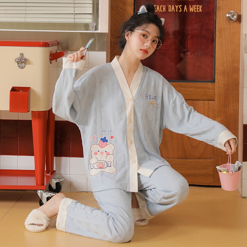 Bộ đồ ngủ tay dài DIDIKA chất liệu cotton màu hồng dễ thương thời trang thu đông cho nữ