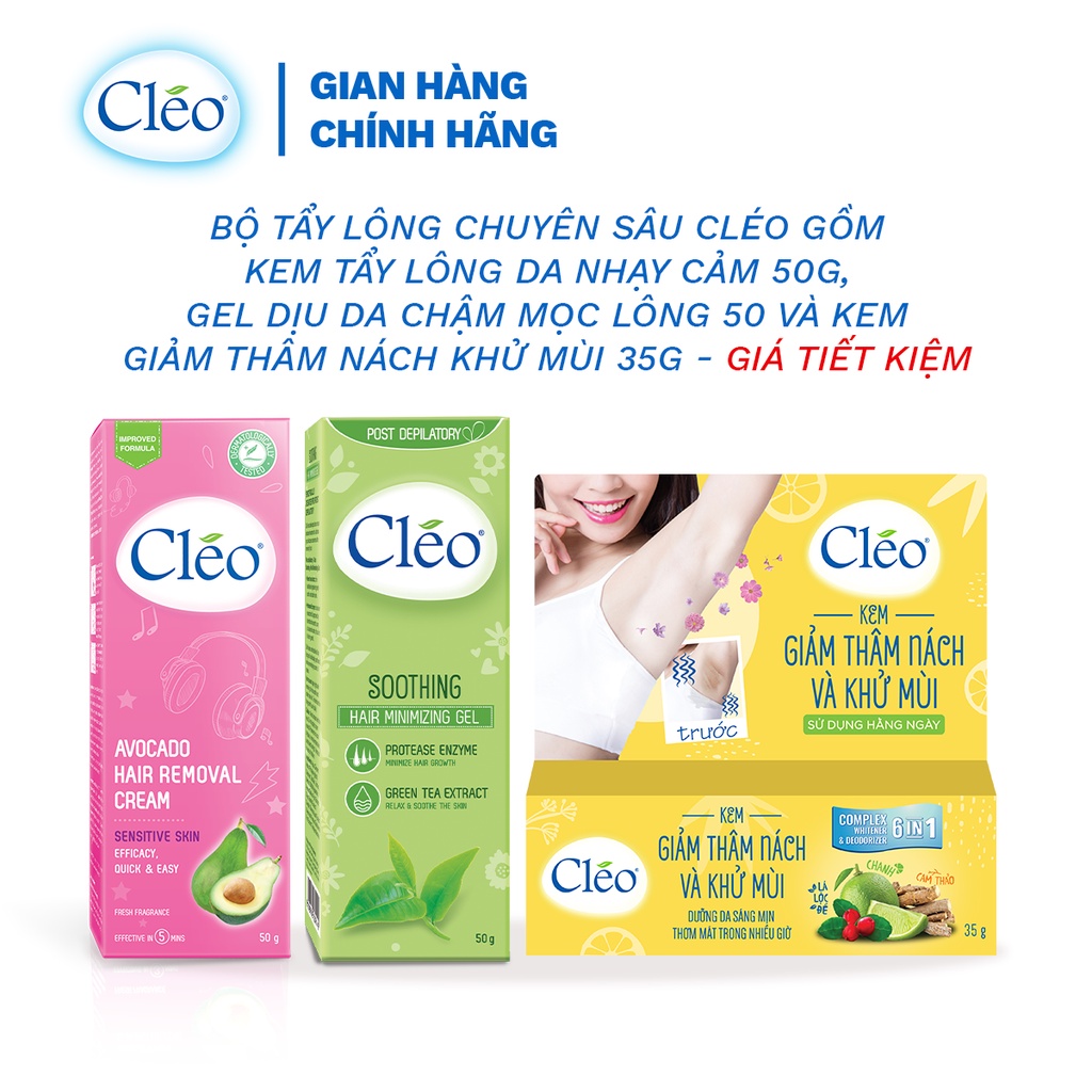 Bộ Tẩy lông nách chuyên sâu Cleo gồm kem tẩy lông nách da nhạy cảm 50g, gel dịu da 50g và kem giảm thâm nách khử mùi 35g