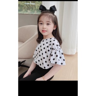 Bộ chấm bi nơ lưng + quần jean bé gái
