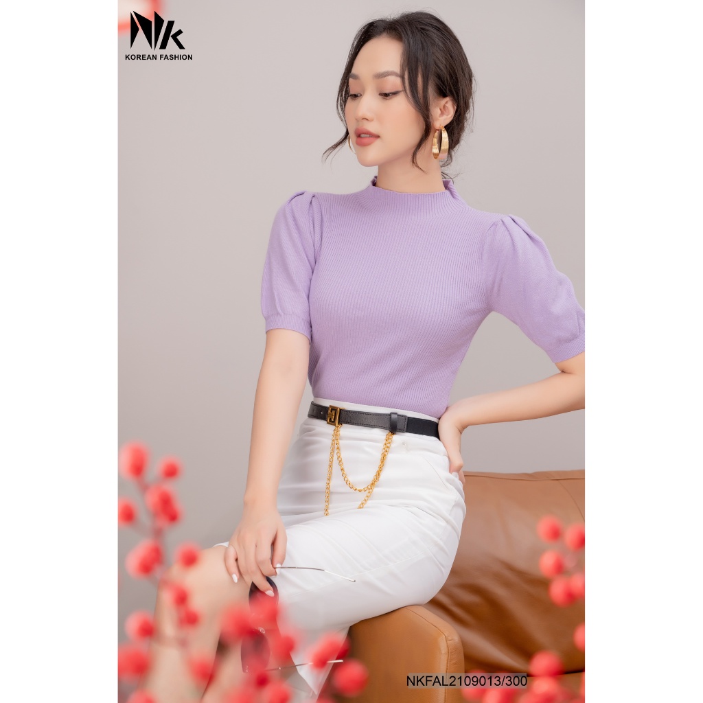 Áo Len Nữ Cộc Tay Cổ Tròn NK Fashion Kiểu Dáng Tay Nhún Độc Đáo Sang Trọng, Tối Giản NKFAL2109013