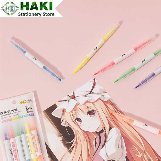 Bút highlight pastel dạ quang 2 đầu HAKI, bút đánh dấu nhớ dòng cute nhiều màu marker dễ thương B09