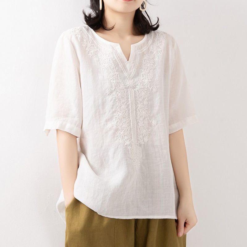 Áo Sơ Mi cotton Cổ v Tay Ngắn Dáng Rộng Thêu Họa Tiết Thời Trang Mùa Hè Mới Cho Nữ