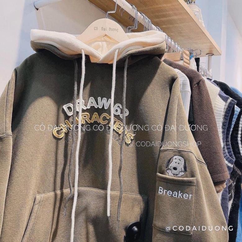Áo hoodie nỉ Snoopy hai mũ thêu chữ Draw🌸 áo nỉ chui đầu có mũ túi tay Ulzang Unisex New