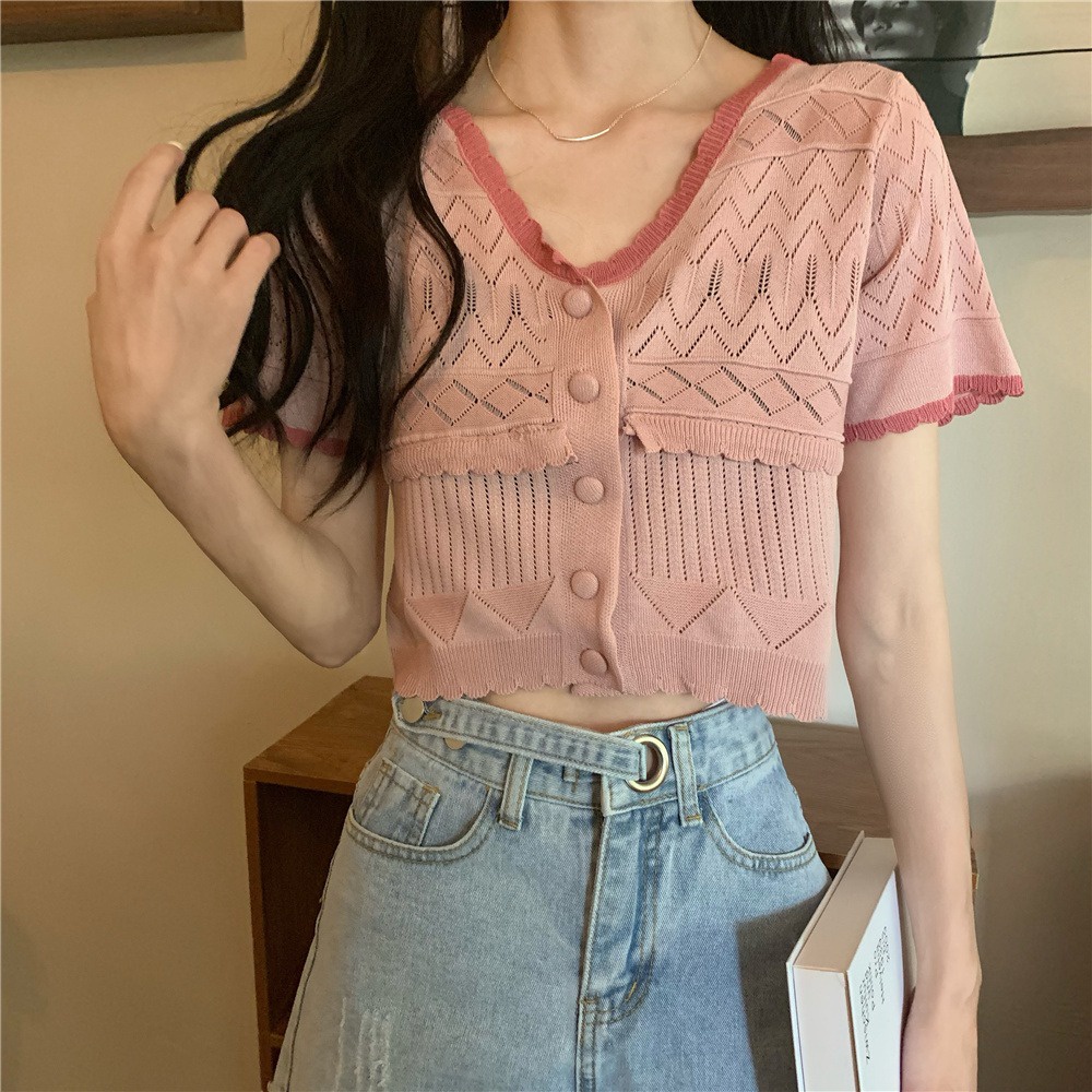 Áo lửng dệt kim ZHELIHANGFEI tay ngắn cổ chữ V thời trang dễ thương dành cho nữ