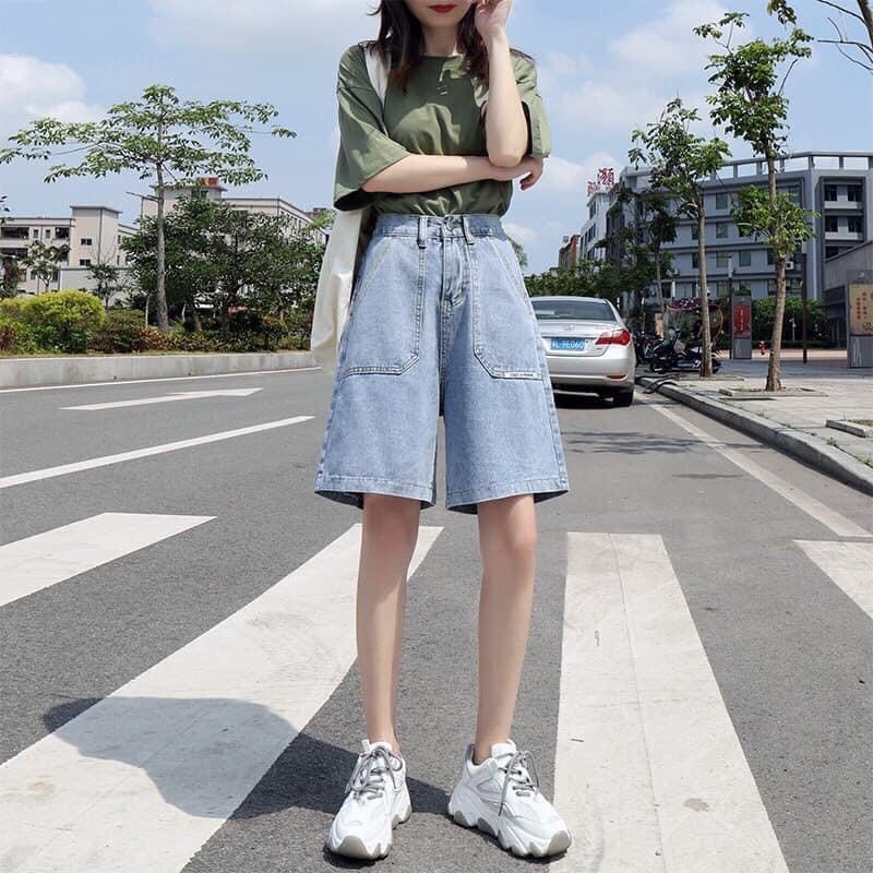 Quần short jean nữ ống rộng Nút Hông Ulzzang màu đen xám