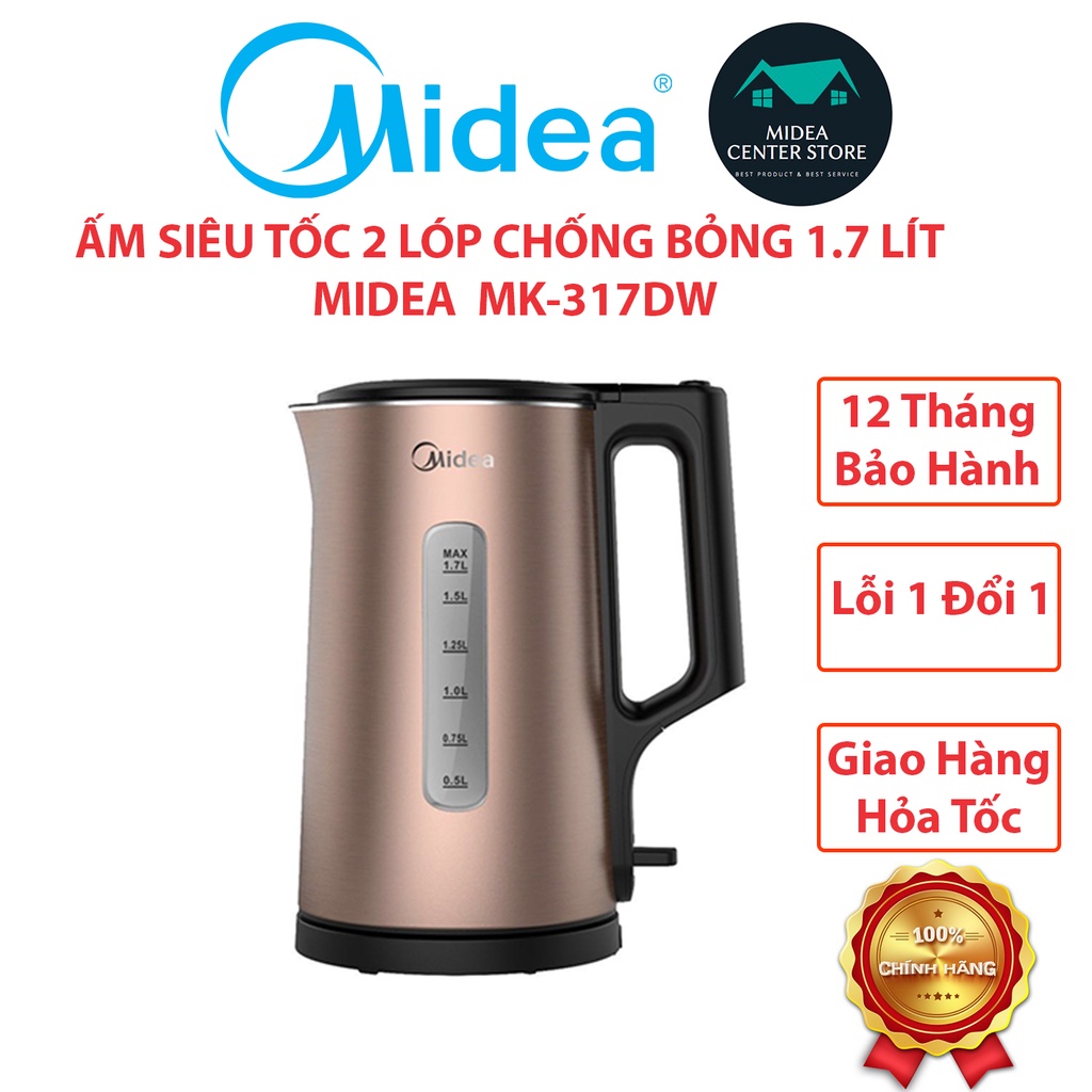 [Chính hãng] Bình đun siêu tốc, ấm siêu tốc 2 lớp chống bỏng Midea MK-317DW, lỗi 1 đổi 1, Bảo hành 12 tháng toàn quốc