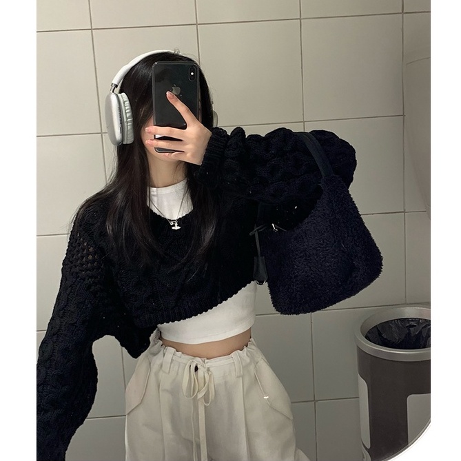 Porozi  Áo sweater Áo croptop dệt kim tay dài dáng ngắn phong cách Hàn Quốc thời trang cho nữ