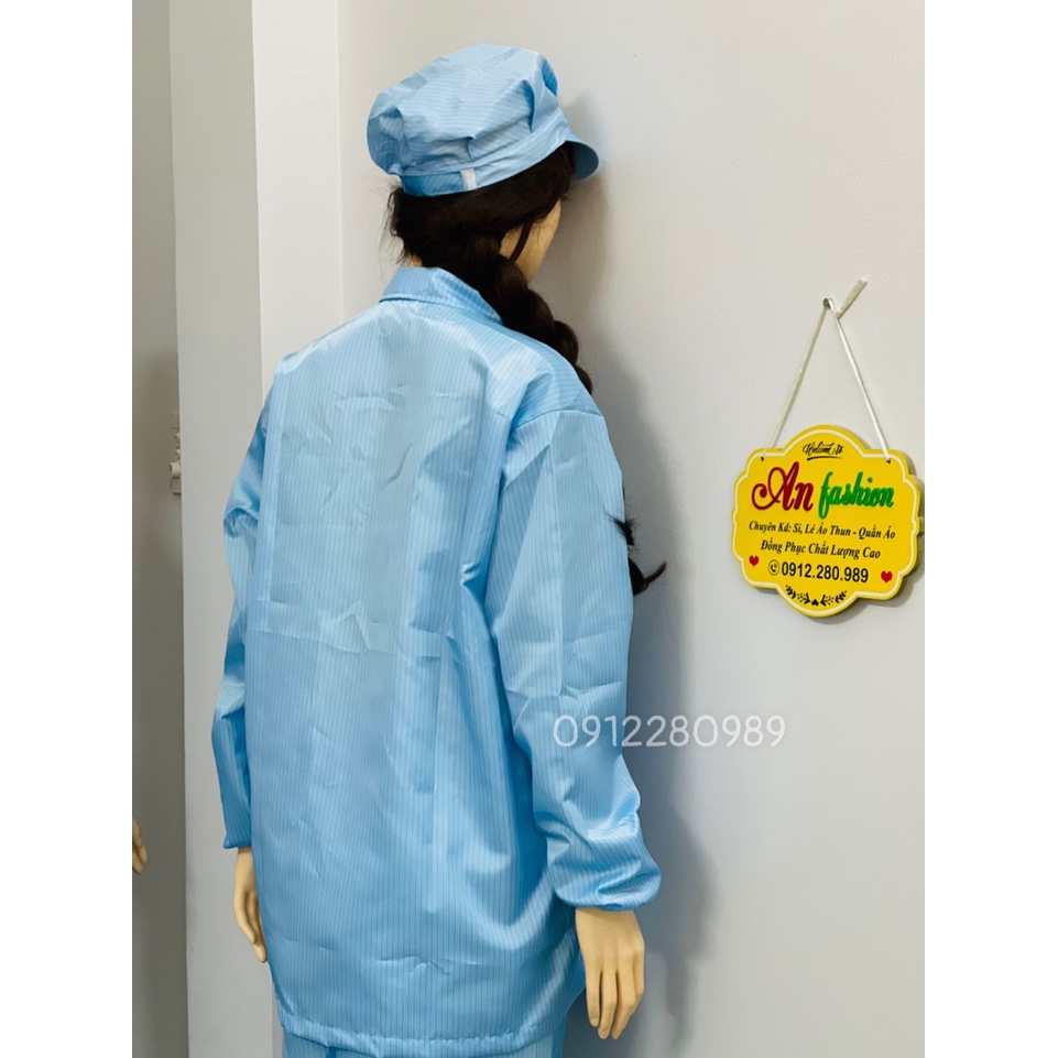 [Áo+Quần+Nón] Đồng phục phòng sạch màu xanh vải chống tĩnh điện tay dài cổ bẻ dây kéo _ Hình chụp thật