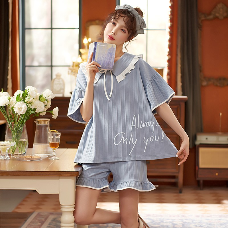 Bộ đồ ngủ cotton tay ngắn quần đùi kiểu mỏng thời trang hè giản đơn cho nữ