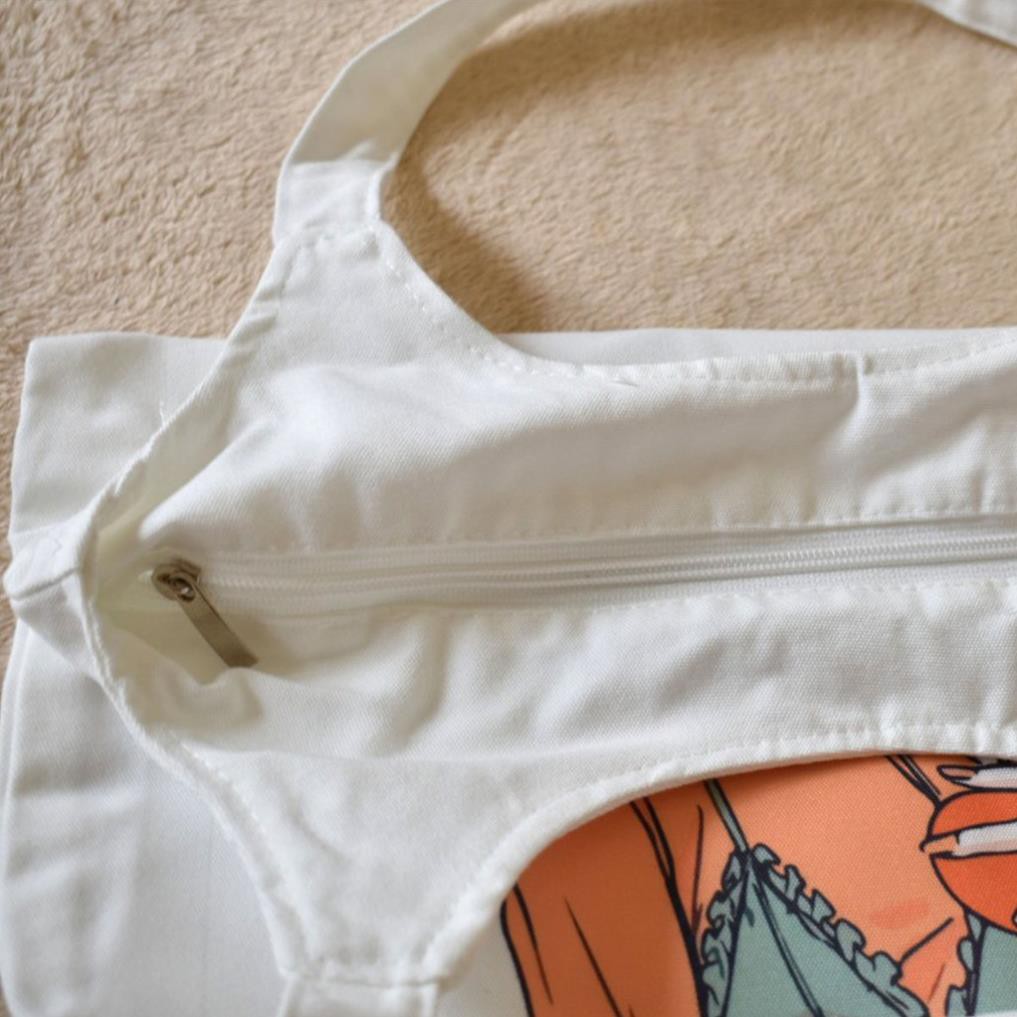 Túi Tote Vải Canvas Nữ Quai Tròn Hàn Quốc In Hình Orange Girl Có Khóa Kéo