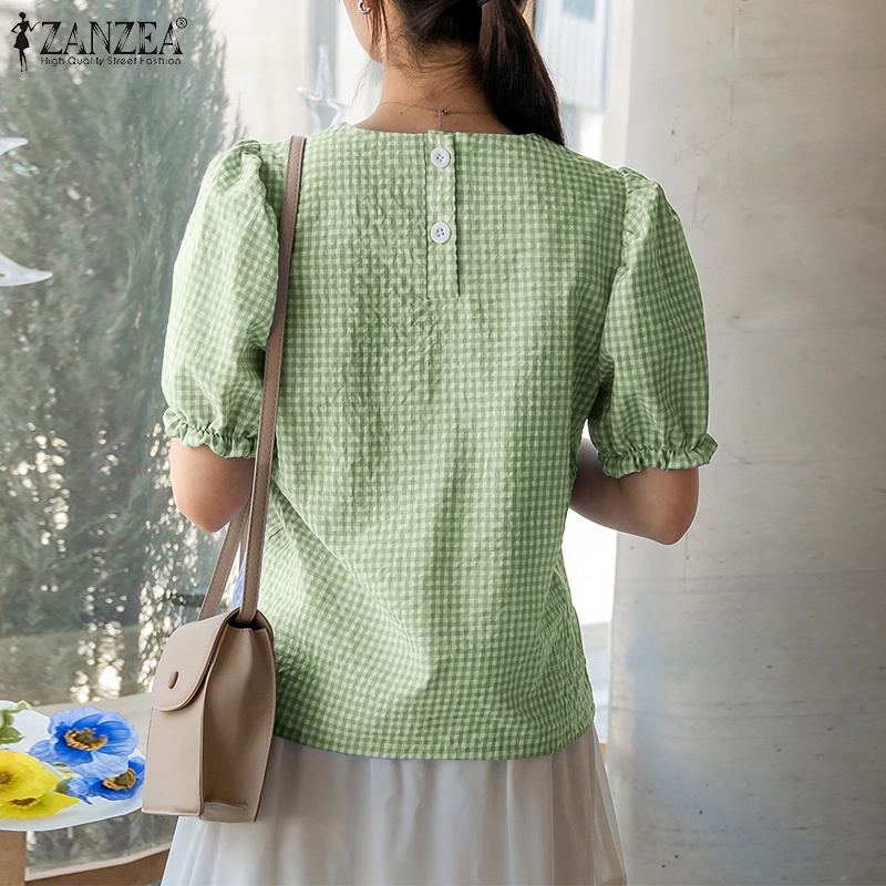 Áo sơ mi Zanzea tay ngắn họa tiết caro thời trang dành cho nữ