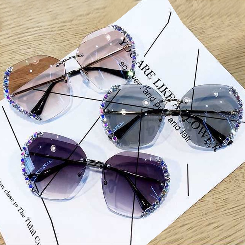 Alicimore Kính Mát Kim Loại Không Viền Cắt Không Viền Đính Kim Cương Trang Trí Cá Tính