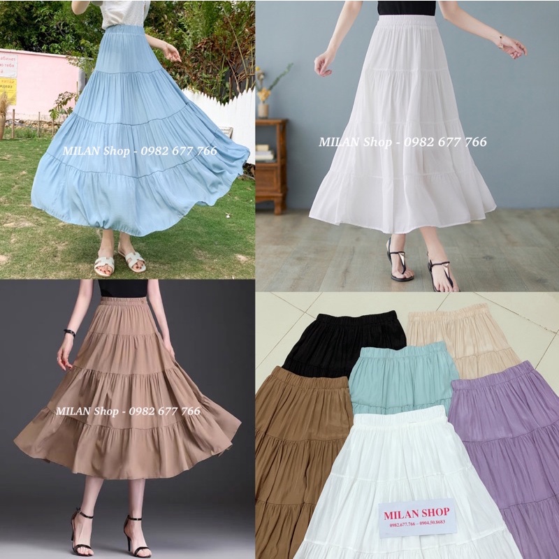 Chân váy dài midi lụa tầng xòe các kiểu thời trang | BigBuy360 - bigbuy360.vn