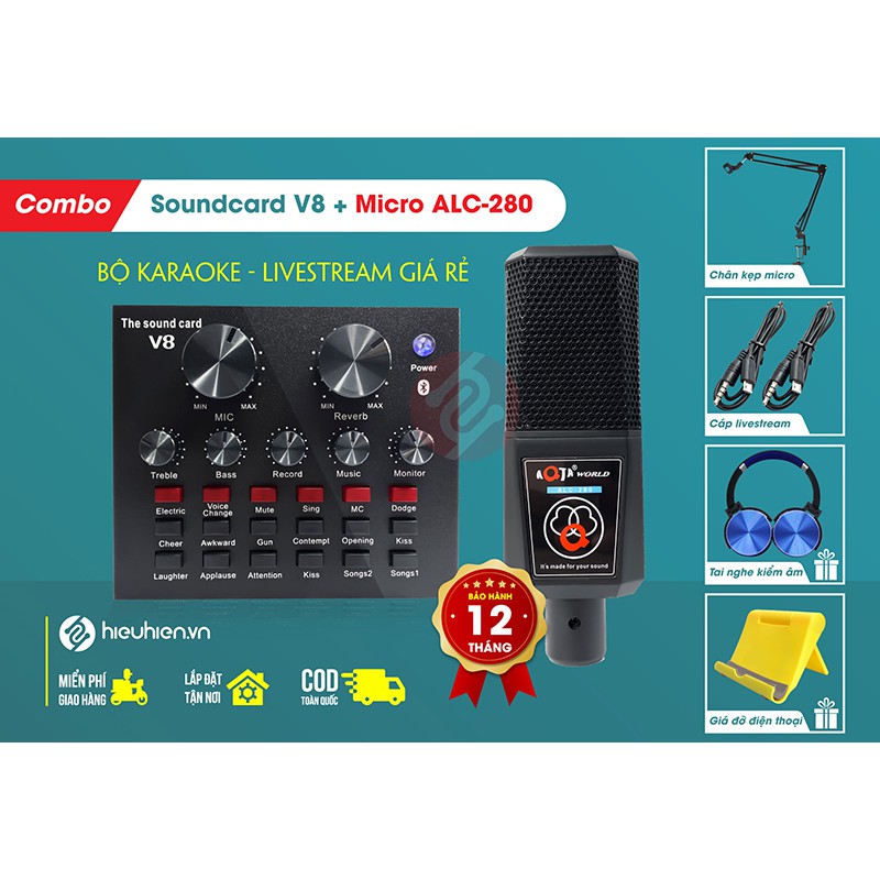 Combo Micro AQTA ALC-280 + Sound Card V8 – Thu âm hát live stream, karaoke giá rẻ