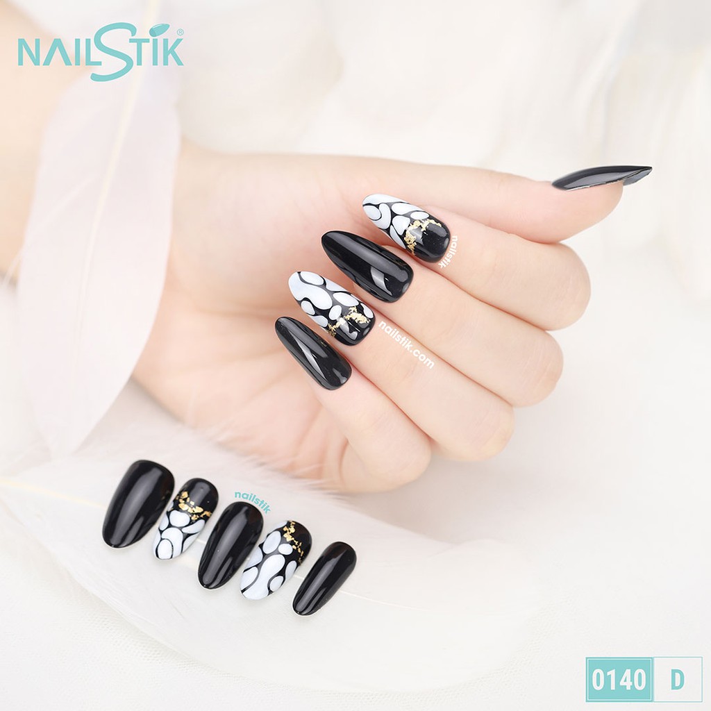 Bộ móng dán Nailstik màu đen, form móng bầu, dài, 140