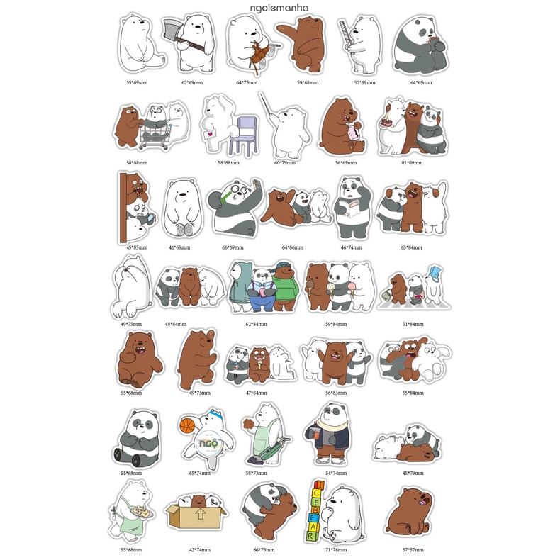 Bộ 36 Stickers Bộ 3 Gấu Trắng Nâu Trúc