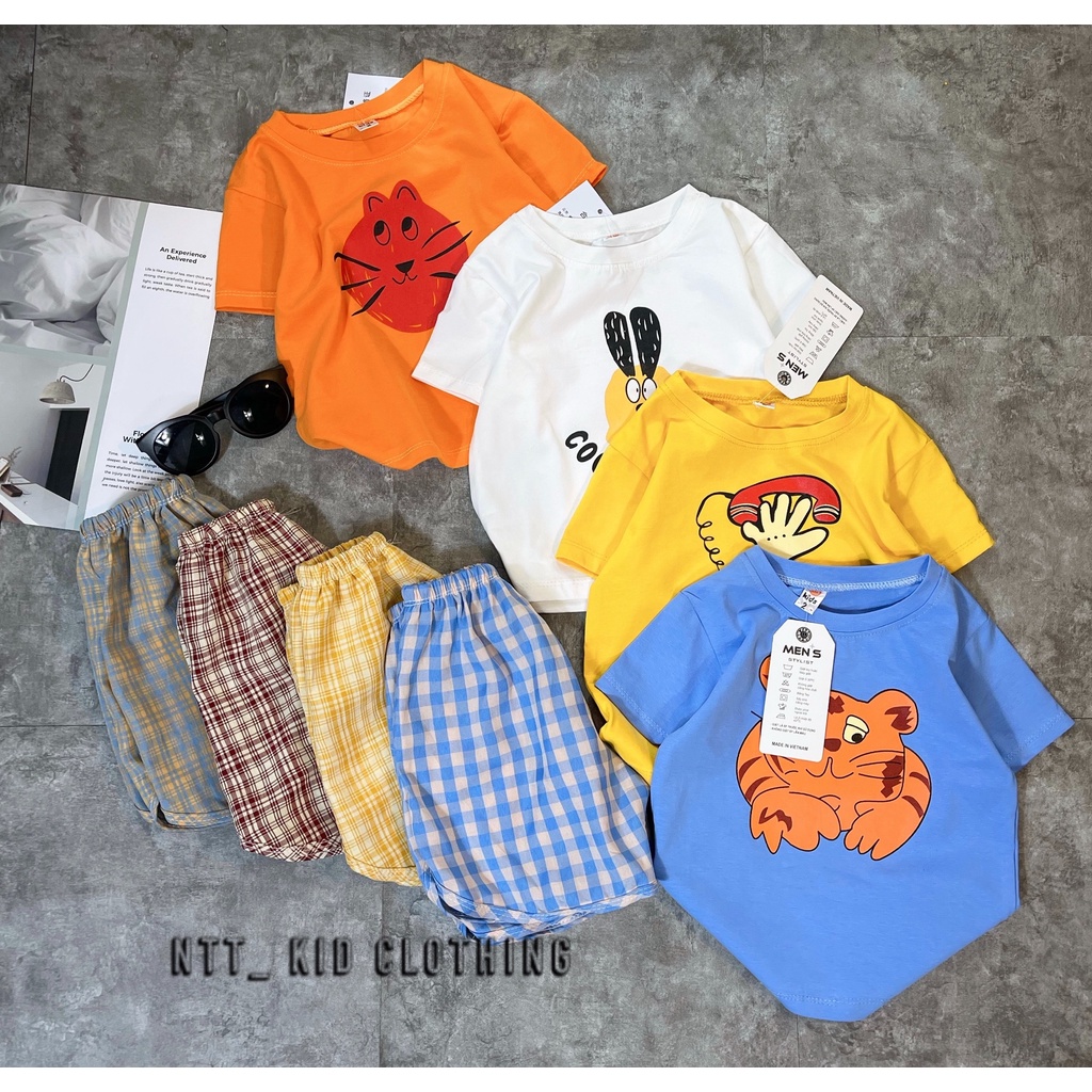 Đồ Bộ Cộc Tay Bé Trai, Bé Gái Áo Cotton QC Phối Quần Thô Đũi Kẻ Caro, Bộ Cho Bé Mặc Đi Chơi - AN.KID