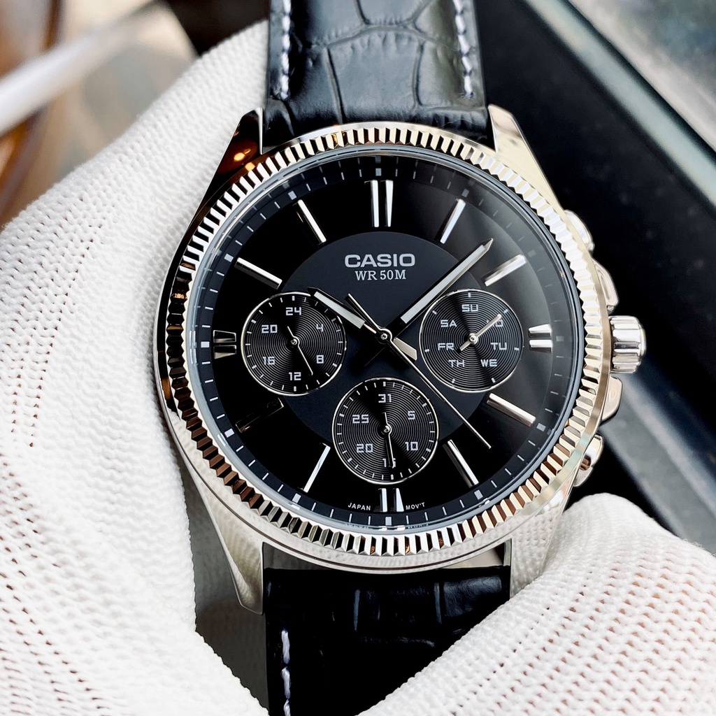 Đồng hồ Nam Casio MTP-1375L, đồng hồ chính hãng, dây da đen mặt thể thao chạy 6 kim