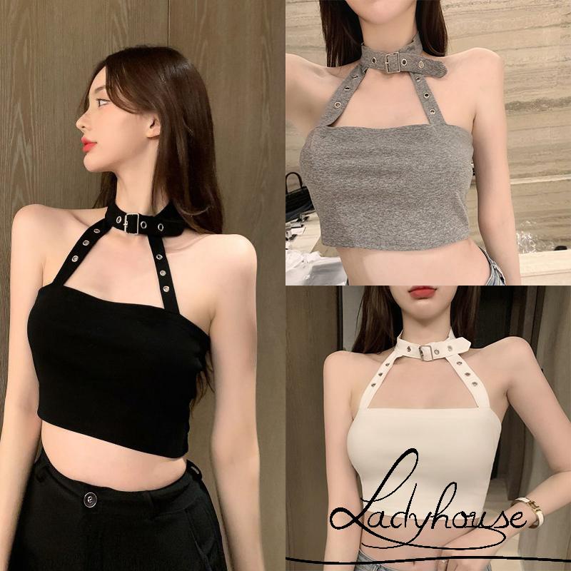 Ld-áo Crop Top Không Tay Hở Lưng Màu Trơn Thời Trang Mùa Hè Màu Trắng/Xám/Đen Cho Nữ