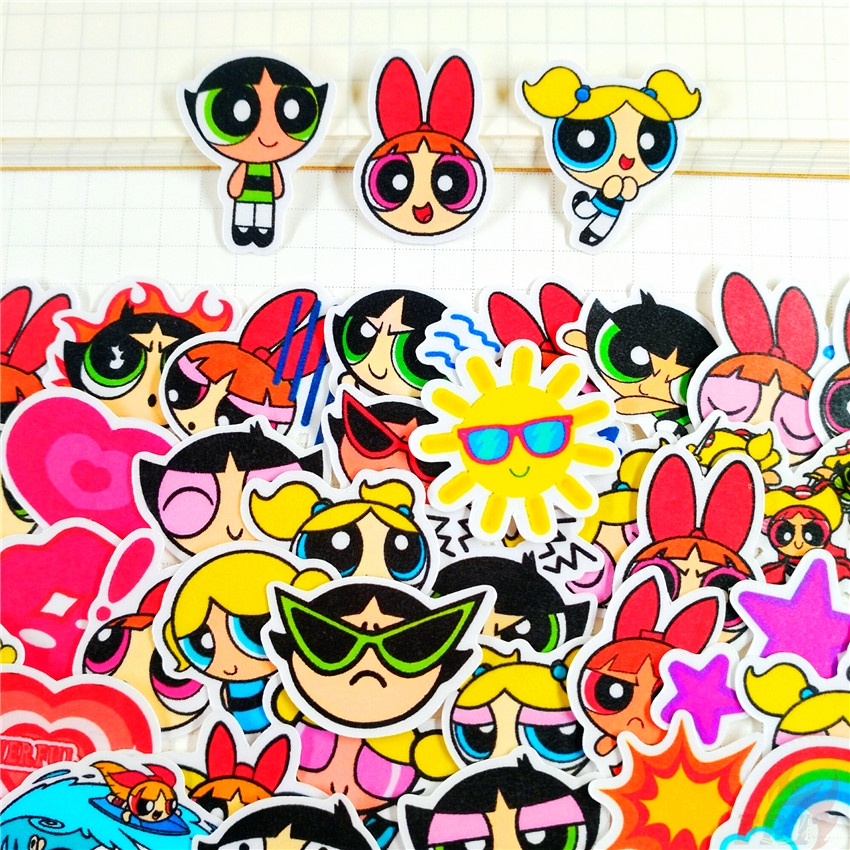 ★★★ Sticker Dán Trang Trí Nhật Ký Hình Powerpuff Girls Q-1 ★★★ Bộ 60 Hình Dán Thời Trang Trang Trí Album