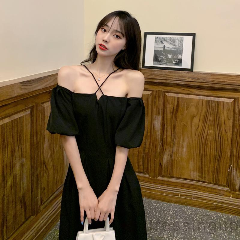 Đầm Midi Ngắn Tay Trễ Vai Lưng Cao Thời Trang Mùa Hè Cho Nữ