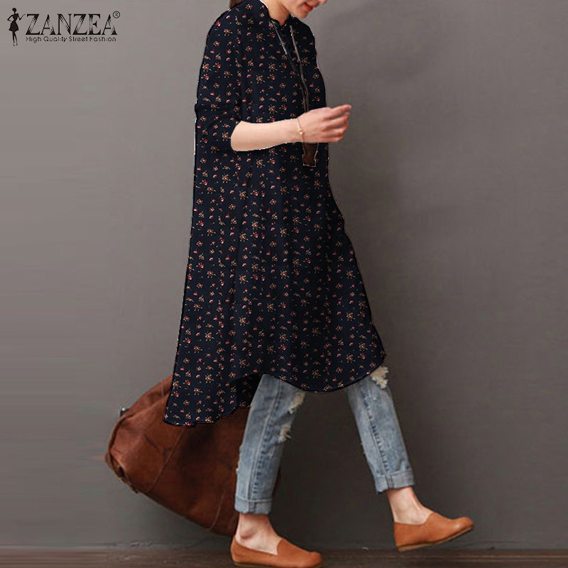 Áo Đầm ZANZEA Cho Nữ Tay Dài Họa Tiết Hoa Cổ Điển Thời Trang Cá Tính