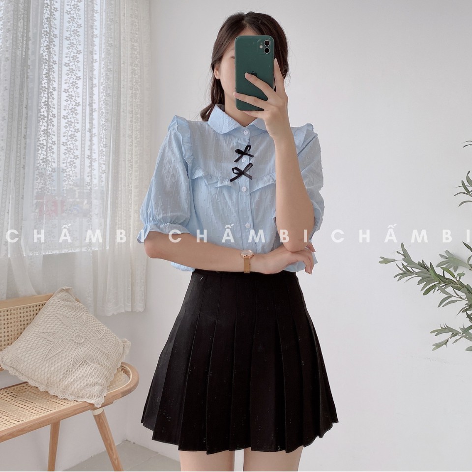 [SALE] Áo Sơ Mi Ngắn Tay Cổ Yếm Bèo Hai Nơ Nhỏ Cực Xinhhh Freesize&lt;53Kg - A.174