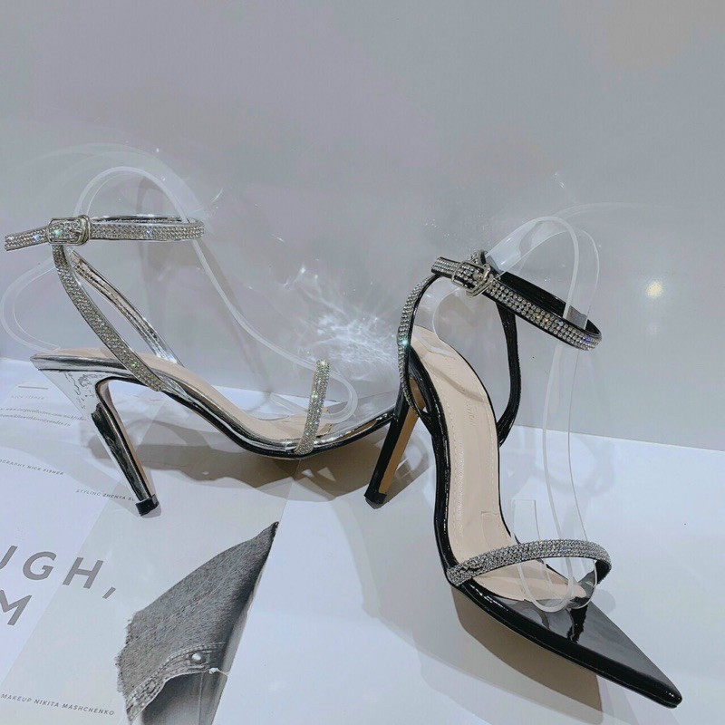 Sandal mũi nhọn quai tròn đính đá hh gót 9p  Mys Rosa Factory CG-0524