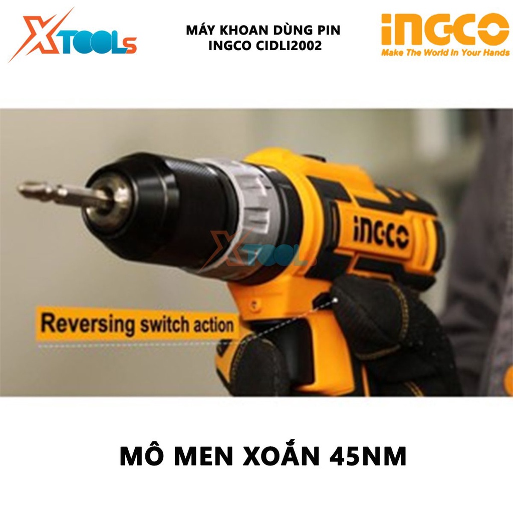 Máy khoan bê tông dùng pin 20V Ingco CIDLI2002 nhông hai tốc độ, khả năng khoan 0.85- 10mm, đầu khoan khóa tự động, nhôn