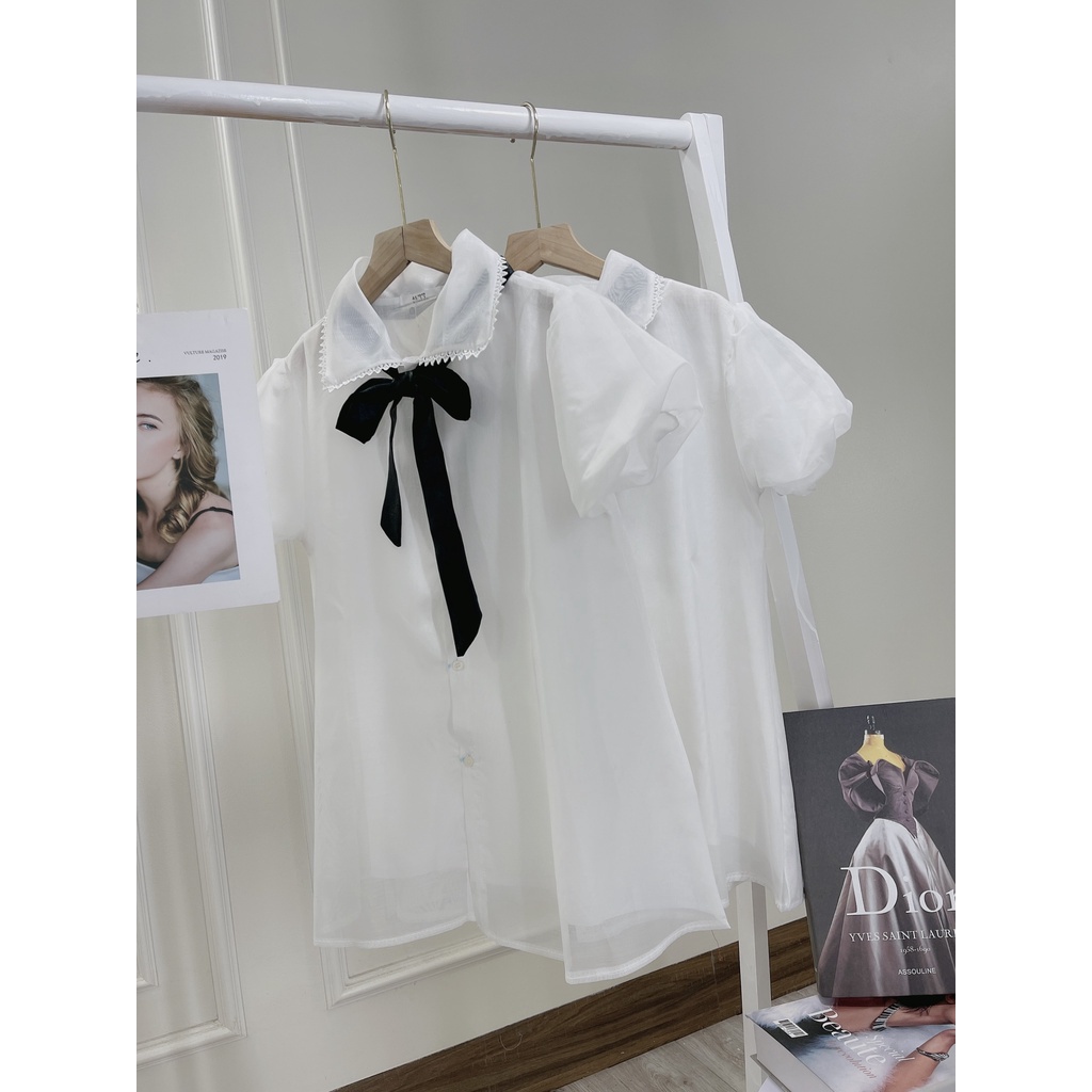 áo sơ mi nữ kiểu babydoll ren tơ phối nơ cổ form rộng dáng xòe mặc thoải mái | BigBuy360 - bigbuy360.vn