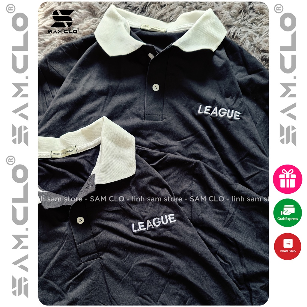 Áo thun Polo tay lỡ SAM CLO có cổ form rộng phông freesize dáng unisex mặc cặp, nhóm, lớp, đi học in chữ LEAGUE | BigBuy360 - bigbuy360.vn