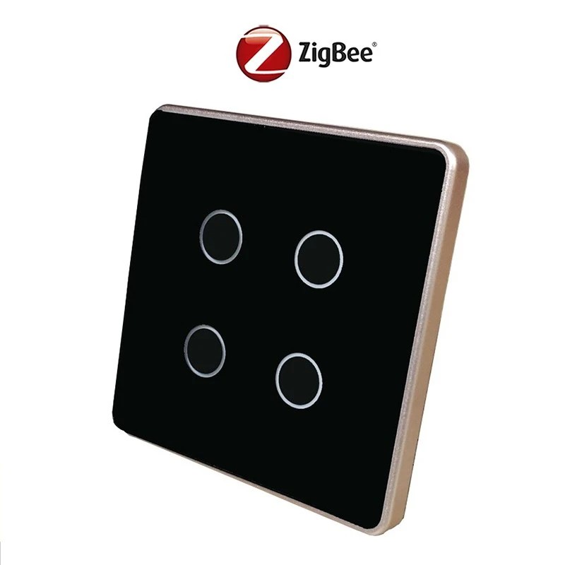 Công Tắc Cảm Ứng Điều Khiển Từ Xa TUYA ZIGBEE 4 Nút VUÔNG Viền Vàng Mặt Kính Cảm Ứng